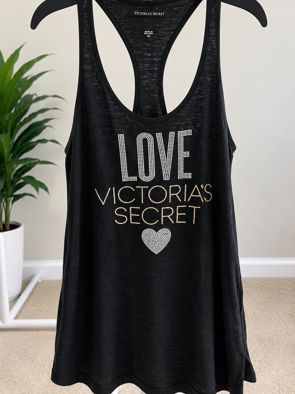 Victoria's Secret Black Rhinestone 'LOVE' Racerback Tank with Gold Logo